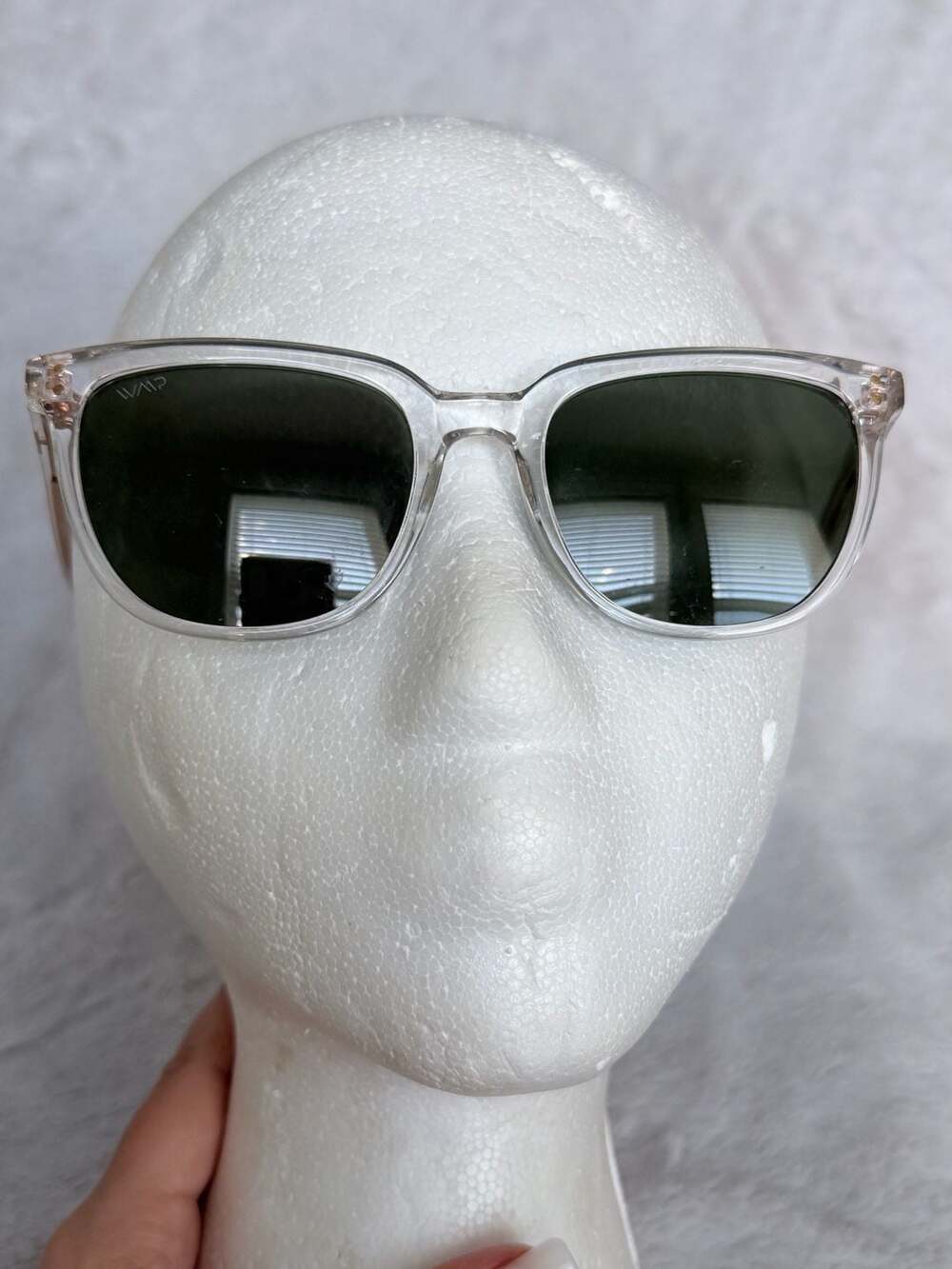 WMP Eyewear Abner Square Clear Crystal Sunglasses Green Lens 1007